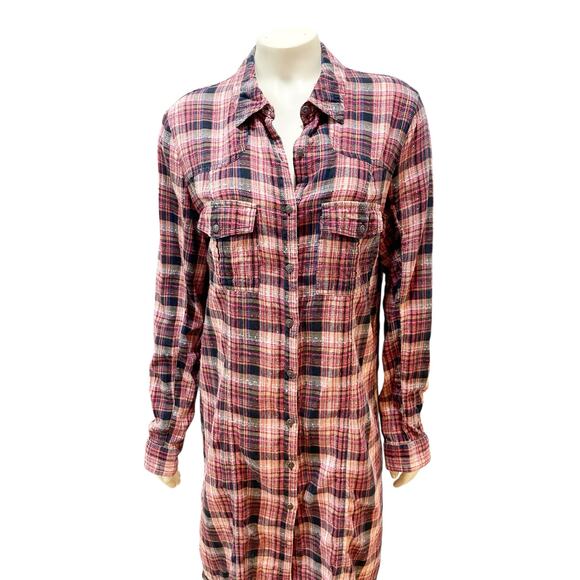 Free People 8 Days a Week Plaid Shirt Dress Red Multi Medium - Picture 3 of 9